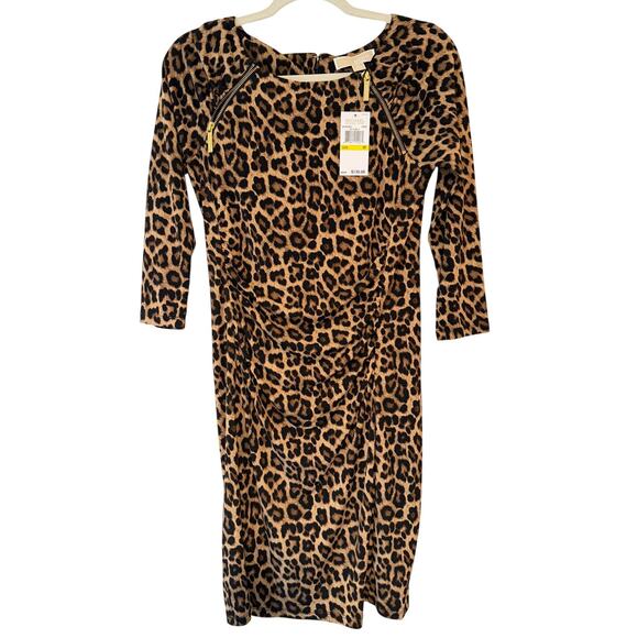 Michael Kors Leopard Ruched Midi Dress NWT Gold Zip Y2K Mob Wife